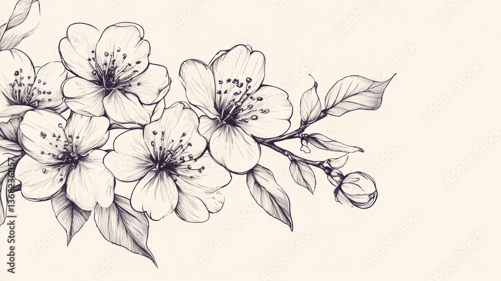 Fototapeta premium Drawing of Cherry Blossoms Branch with Blooming Flowers and Leaves