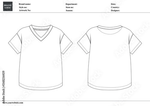 V- neck T shirt tops Technical drawing fashion flat sketch vector illustration template for ladies and baby girls