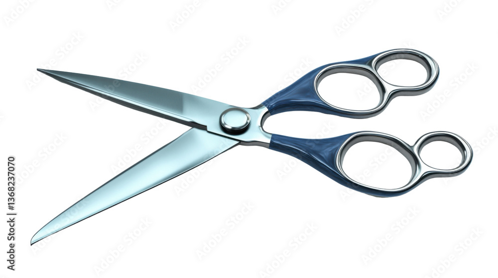 Professional blue handled hairdressing scissors lying open on white background Professional blue handled hairdressing scissors lying open on white background
