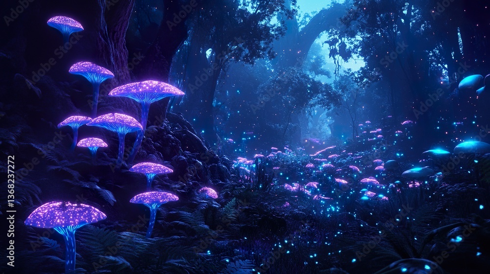 Fototapeta premium Enchanting bioluminescent mushroom forest at night, a magical and mystical scene