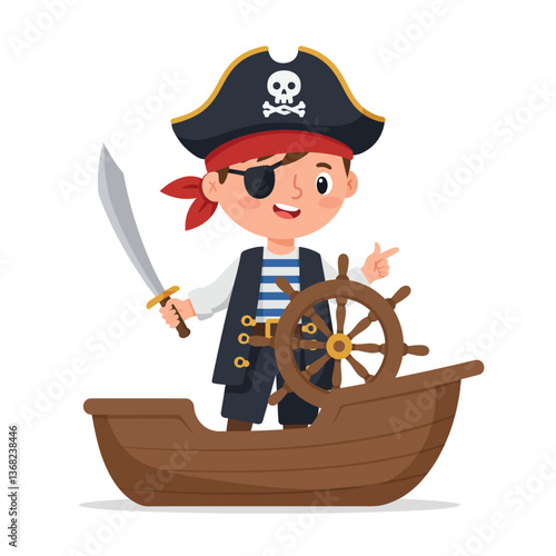 Cheerful pirate boy with sword in flat cartoon style vector art