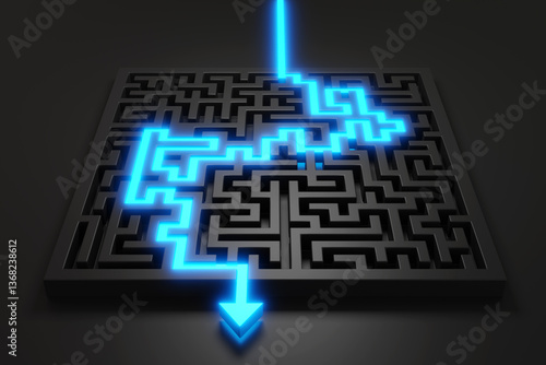 Glowing blue path with an arrow successfully passing through a maze on a black background. Illustration of the concept of solutions, success, and achievement