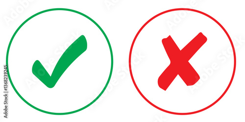 Green check mark and red cross mark in circle. Vector illustration. Isolated on white background