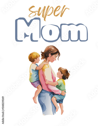 loving mother carrying two young children, heartwarming family moment, mom holding kids, parental love and care, super mom illustration, motherhood bond, mother and children affectionate hug