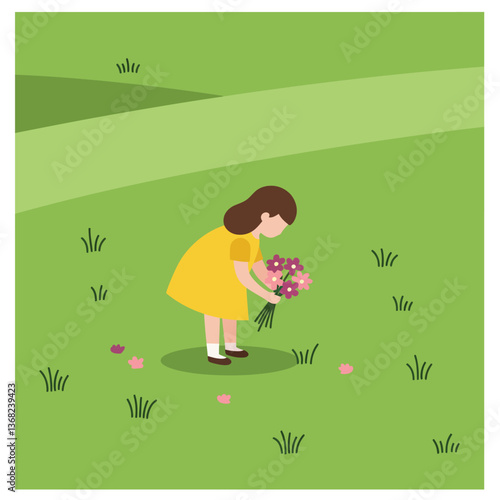 Girl in yellow dress picking flowers in a flat, colorful, cheerful vector illustration