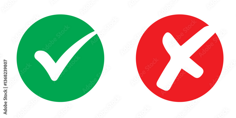 Tick, cross icon button set. Yes or no symbol, approved or rejected icon for user interface. Tick, cross icon button set. Yes or no symbol, approved or rejected icon for user interface.