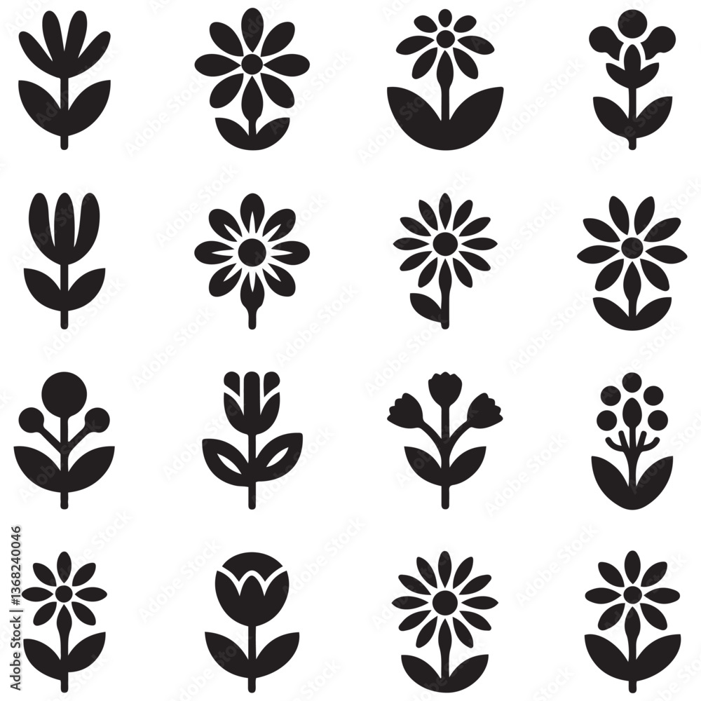 Obraz premium Flowers icon set. Flowers isolated on transparent background. Flowers in modern simple. Cute round flower plant nature collection. Silhouette Vector Black illustrator.