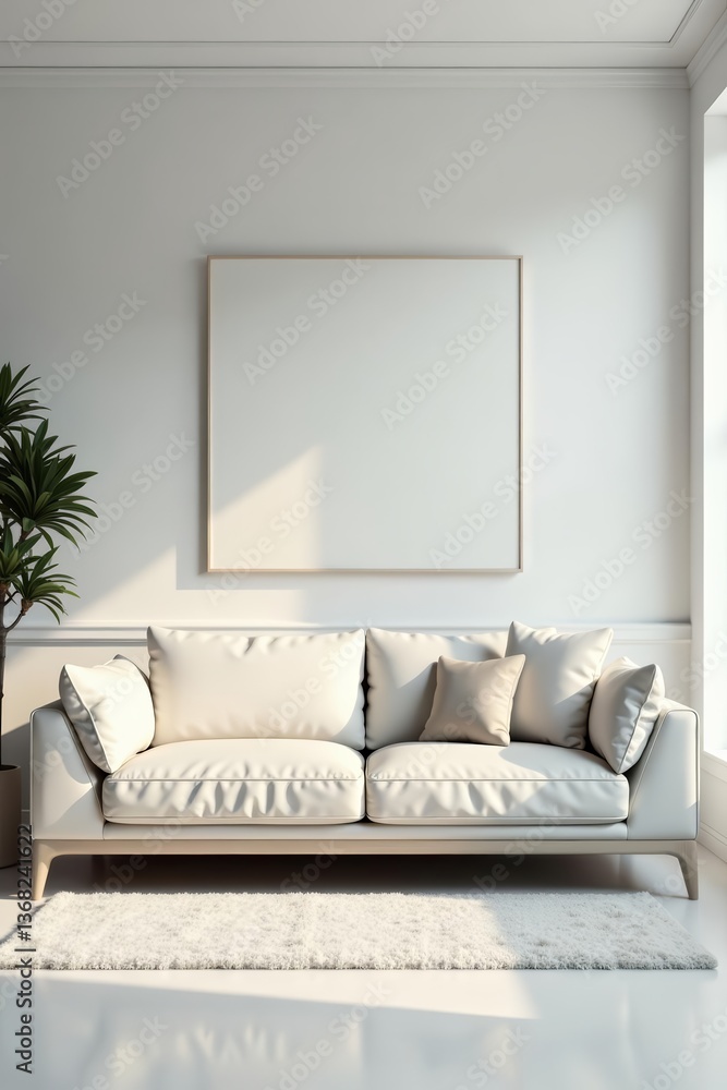 Fototapeta premium Minimalist white living room with sleek leather sofa and geometric wall art, interior design, modern