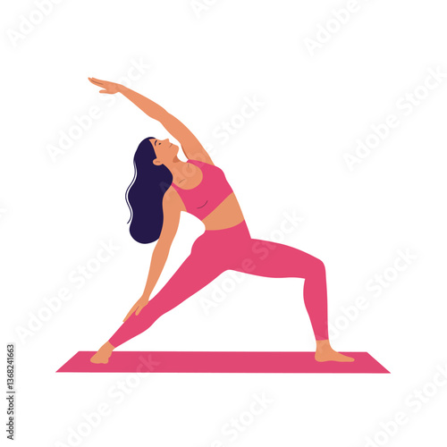 Woman practicing yoga in pink outfit with flat design style vector art