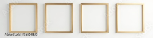 Minimalist white wall with four empty golden frames, room, decorative