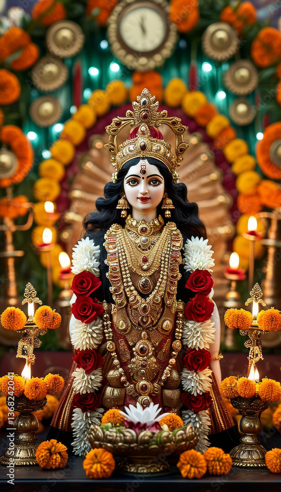 Fototapeta premium Navaratri product display background podium, Divine Durga Glow, gold and red, Goddess Durga, jewellery and flowers, glowing diyas, oil lamps, temple bells, marigold garlands, sacred, festive ambiance