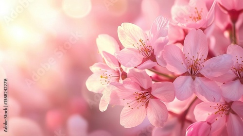 Pink Cherry Blossom Flowers Blooming with Bokeh Background in Soft Light
