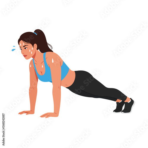 Fitness woman performing push-up in flat design style vector art