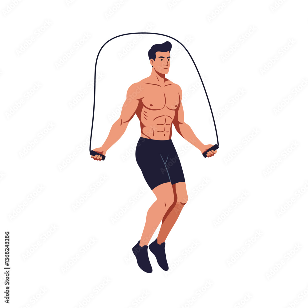 Fototapeta premium Athletic man jumping rope in flat style dynamic vector illustration