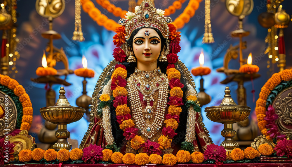Fototapeta premium Navaratri product display background podium, Divine Durga Glow, gold and red, Goddess Durga, jewellery and flowers, glowing diyas, oil lamps, temple bells, marigold garlands, sacred, festive ambiance