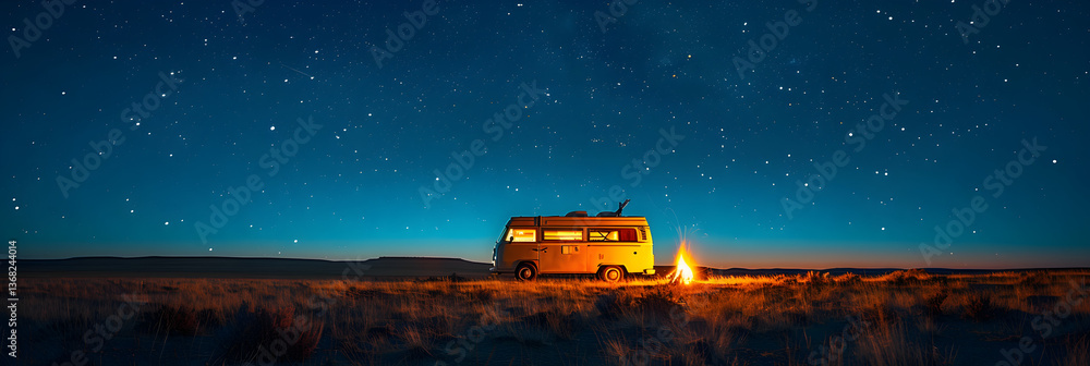 A camper van parked next to a campfire A camper van parked next to a campfire