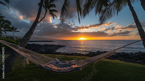 Tropical sunset hammock tranquility over ocean in Maui, Hawaii for relaxation and vacation