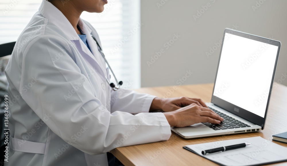 Black female doctor typing on laptop in modern office environment, highlighting digital healthcare and professionalism. Black female doctor typing on laptop in modern office environment, highlighting digital healthcare and professionalism.