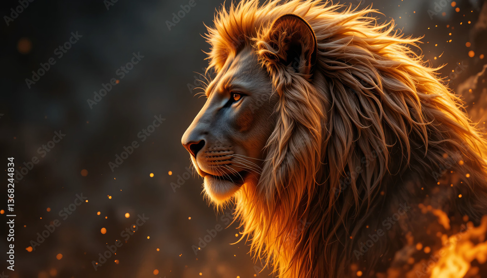 Naklejka premium Fiery Mane Lion in a Dramatic Profile View with Glowing Embers and Dark Background