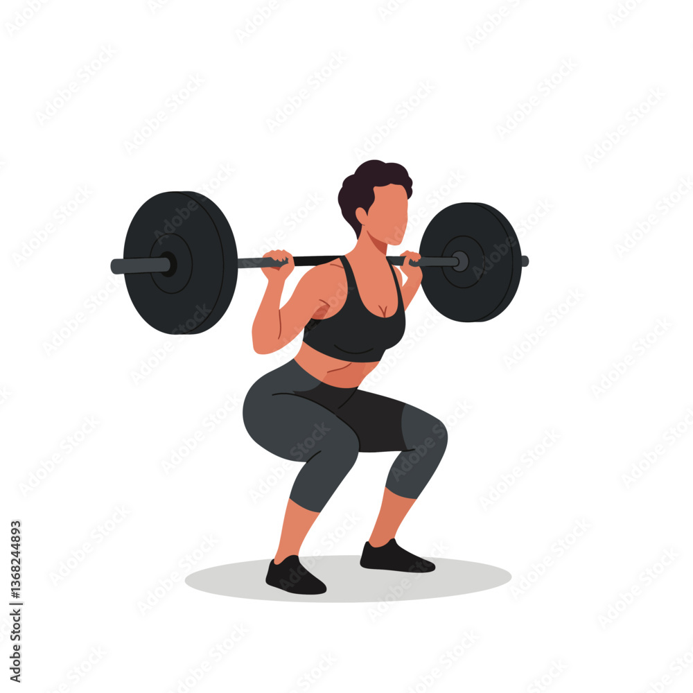 Strong woman performing a squat with weights in flat vector art Strong woman performing a squat with weights in flat vector art