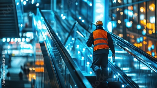 A worker in safety gear ascends an illuminated escalator stairway