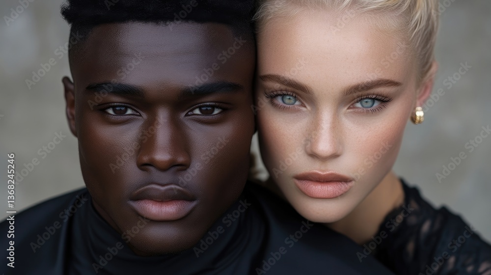 Close-up portrait of a diverse couple. Intense eye contact, sophisticated makeup, and neutral background Close-up portrait of a diverse couple. Intense eye contact, sophisticated makeup, and neutral background