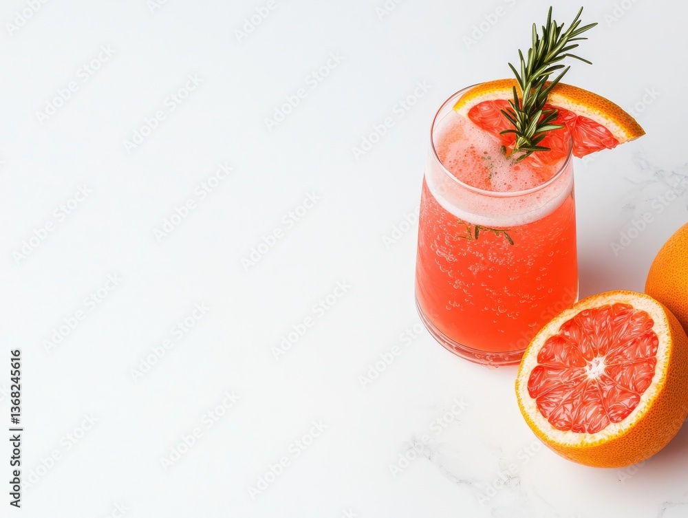 Refreshing Grapefruit Cocktail with Rosemary Garnish on White Tabletop, Summer Drinks Refreshing Grapefruit Cocktail with Rosemary Garnish on White Tabletop, Summer Drinks