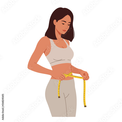 Woman measuring waist with tape in minimal design style vector art
