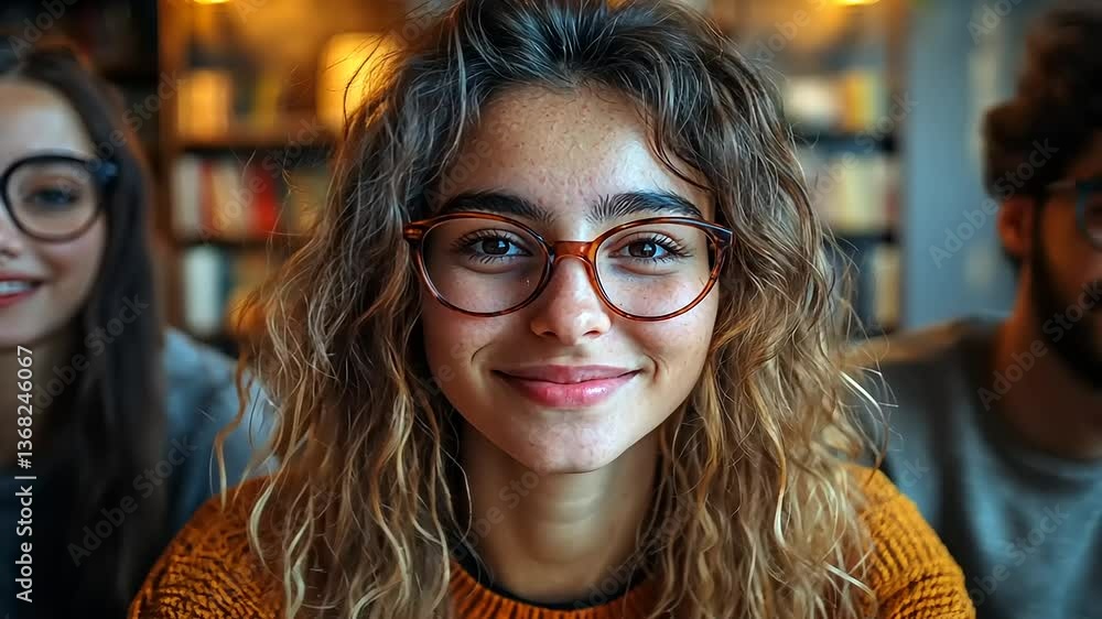 Group of three friends smiling in a cozy library setting with books in the background Group of three friends smiling in a cozy library setting with books in the background