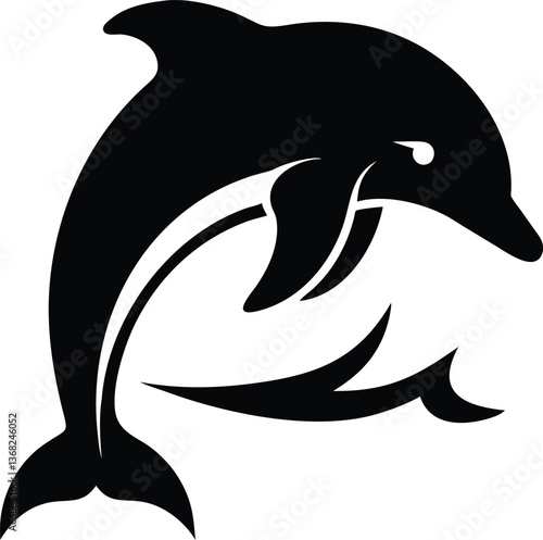 Elegant Dolphin Silhouette: A sleek black silhouette of a dolphin gracefully leaping against a plain background, its form a symbol of freedom and oceanic beauty.