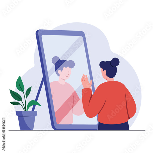 Woman interacting with mirror in flat style vector art illustration