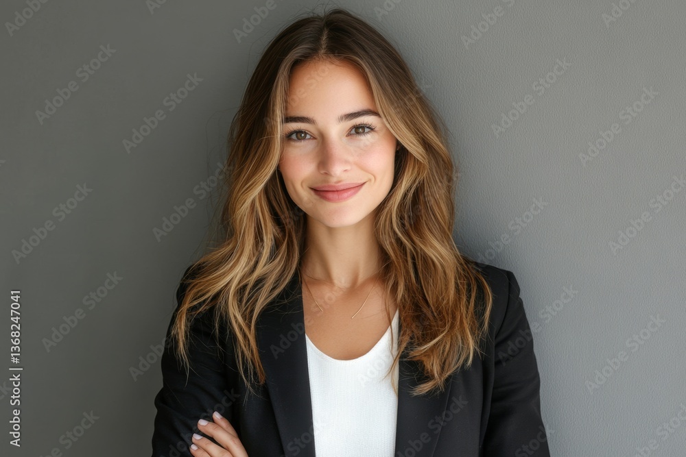 Happy young business woman posing isolated over grey wall background Happy young business woman posing isolated over grey wall background