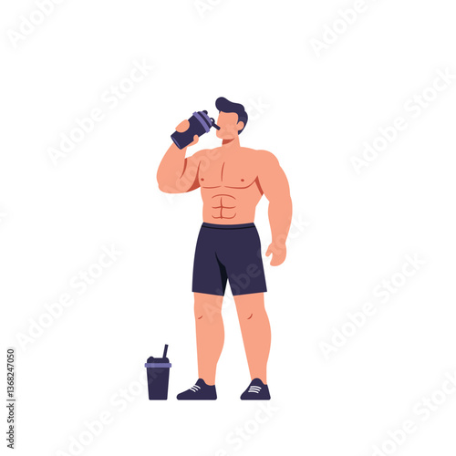 Fit man drinking protein shake in minimal flat style vector art