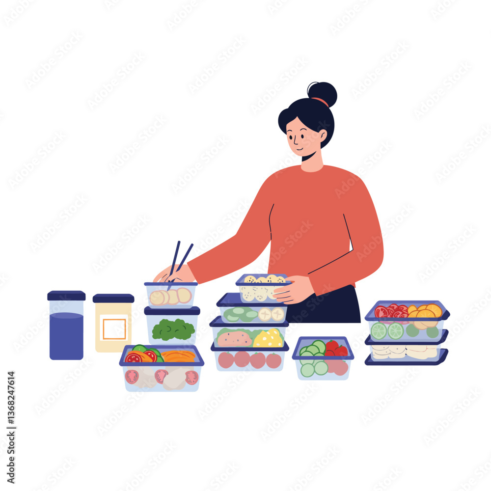 Fototapeta premium Woman organizing healthy meal prep in flat vector art style for efficient cooking