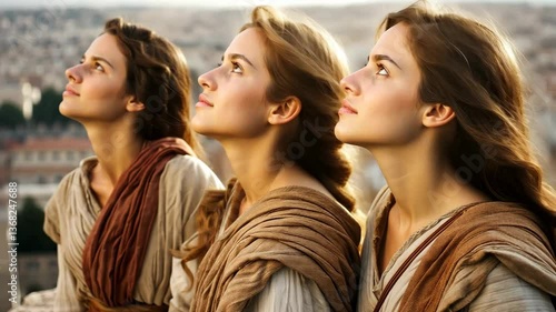 Three sisters young girls from Jerusalem in the time of Jesus Christ 4K