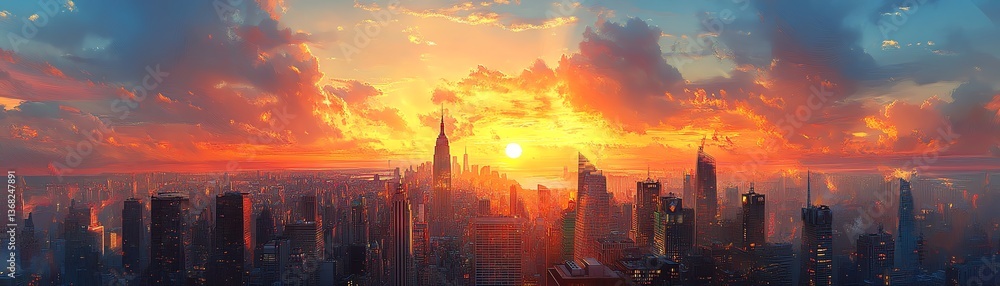 Fototapeta premium A vibrant sunset over a towering cityscape, casting golden hues on the buildings