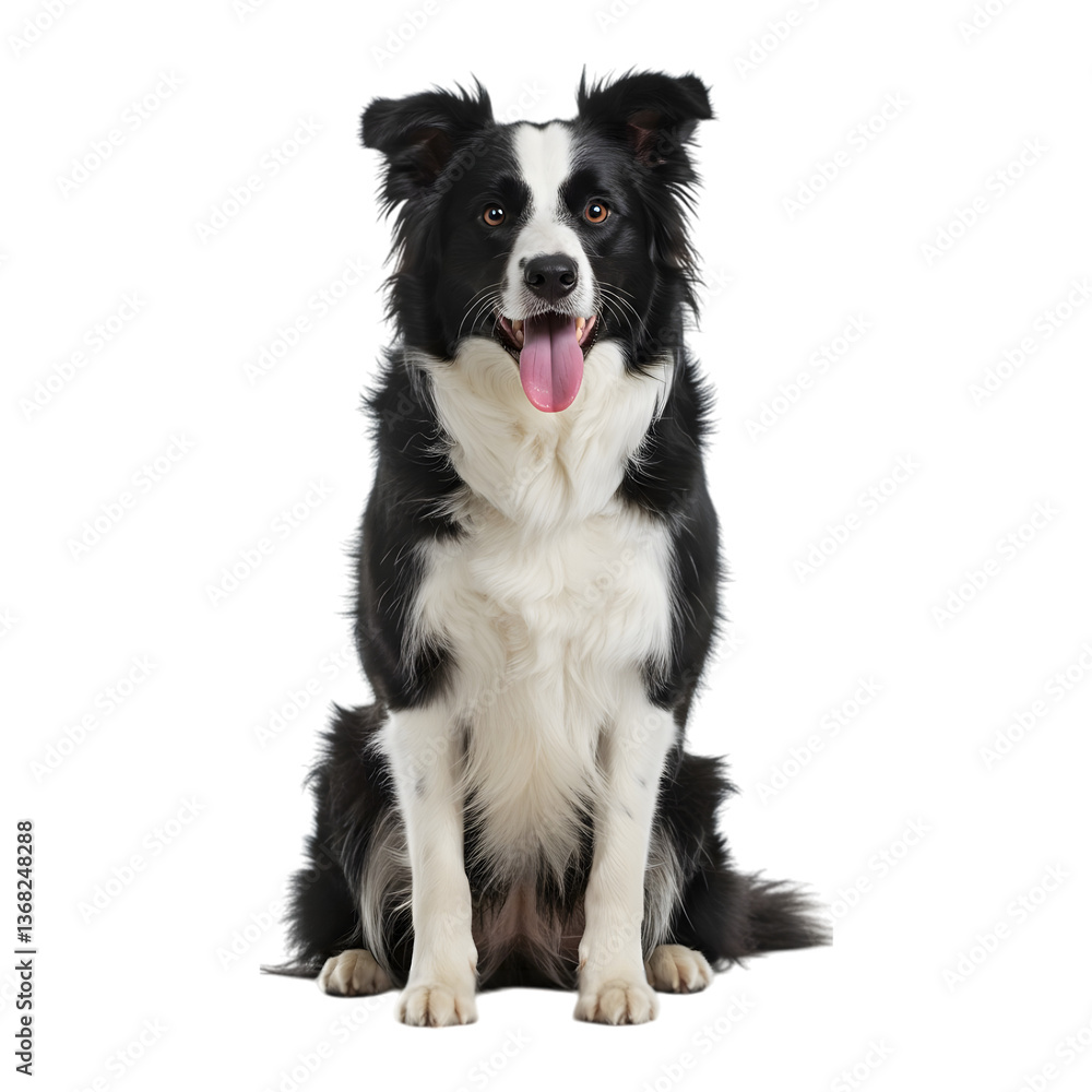 A fluffy border collie with black and white fur sits alert with its tongue out isolated on a transparent background A fluffy border collie with black and white fur sits alert with its tongue out isolated on a transparent background