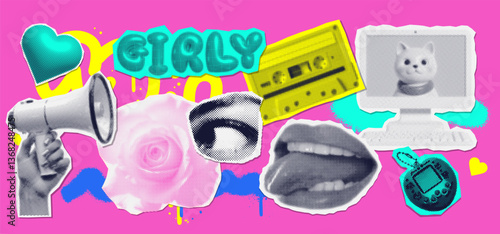Collage of trendy girly halftone elements, 90s aesthetic, retro nostalgia torn out paper stickers set. Vector Y2K elements