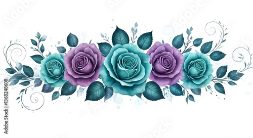 A mystical floral arrangement with purple and teal watercolor roses and swirling vines, AI Generated