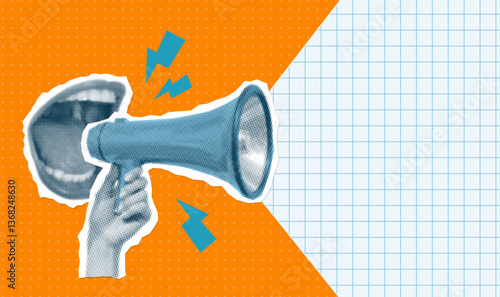 Pop art vintage dotted collage with female screaming mouth and loudspeaker. Halftone torn out paper elements. Advertising banner with megaphone and checkered copy space. Announcement banner. Vector