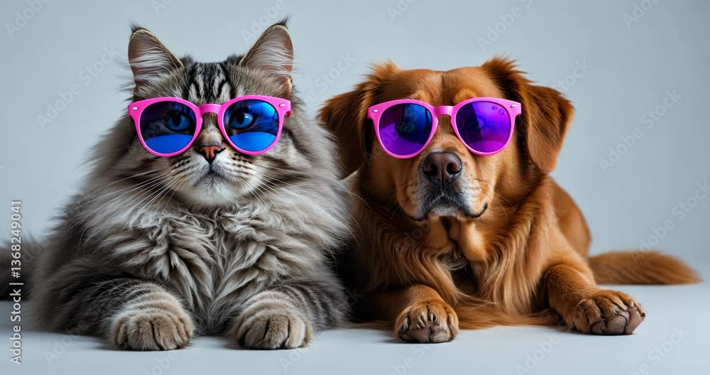 Cool group of dog and cat sporting summer sunglasses lounging together isolated on a white studio background portrait. Cool group of dog and cat sporting summer sunglasses lounging together isolated on a white studio background portrait.
