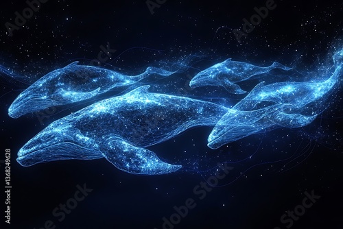 Aquatic chart illustrating the migration paths of whales across oceans, with flowing lines and ocean blues representing the epic journeys and seasonal movements of these majestic creatures