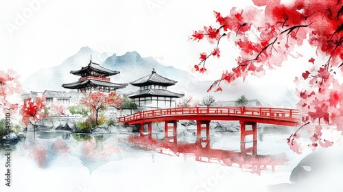 Fototapeta Naklejka Na Ścianę i Meble -  Watercolor Kyoto: Temples, Bridge, and Cherry Blossoms - Serene watercolor painting of Kyoto, Japan. Symbolising tranquility, beauty, tradition, spirituality
