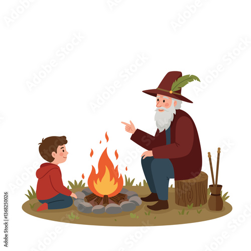 Elderly man storytelling to child by campfire in flat vector art
