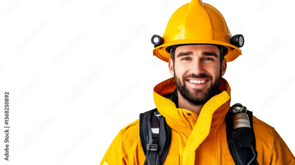 Fireman in safety gear with beaming smile, cutout transparent Fireman in safety gear with beaming smile, cutout transparent