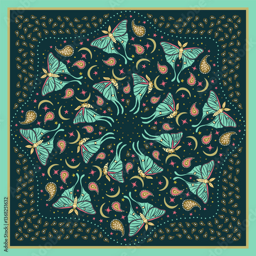 Red and yellow scarf or bandana with luna moths and paisley mandala pattern. Ethnic vibrant carpet design with butterfly and moon. Abstract boho nocturnal insects background.