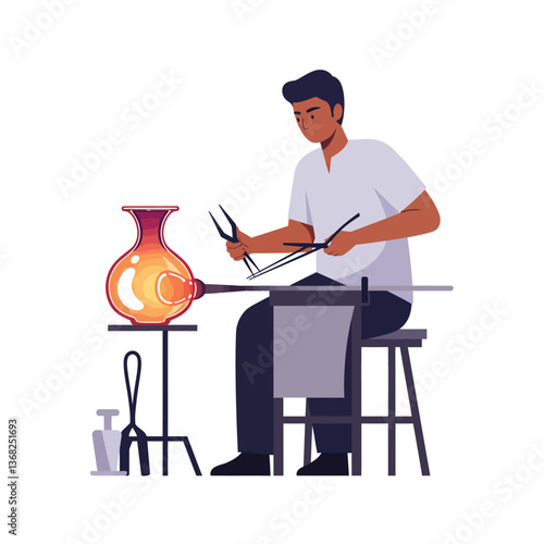 Glassblower crafting vibrant art piece using flame and tools in flat vector illustration