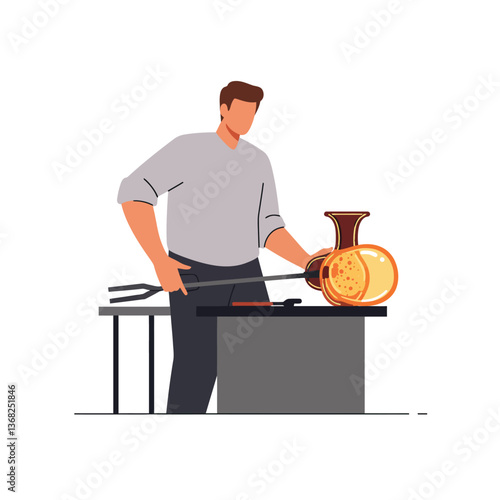 Glassblower shaping a vase in minimal flat design vector art