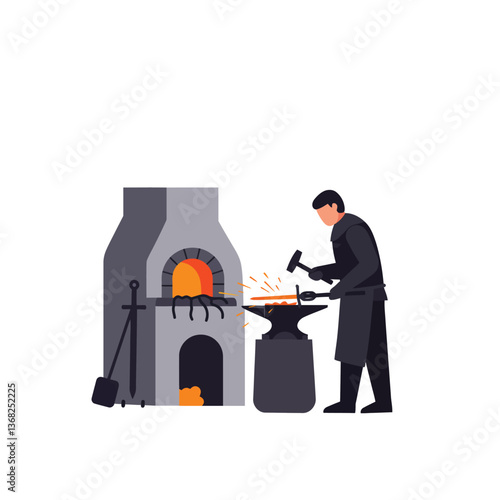 Blacksmith working at an anvil with furnace in flat vector art
