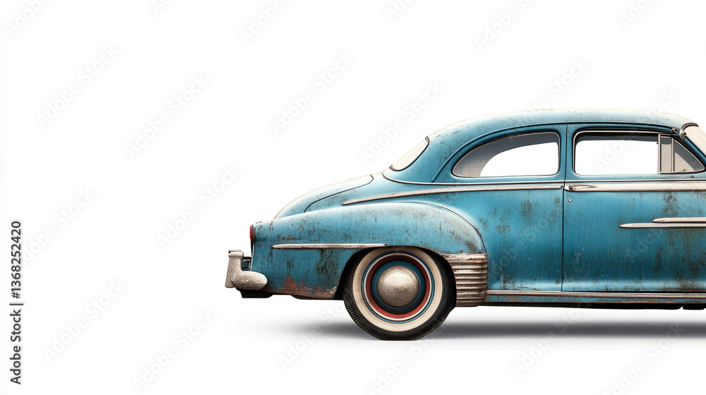 Fototapeta premium Side view of a weathered blue classic car with white wall tires on a white isolated background